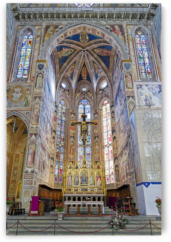 Florence Tuscany Italy. Basilica di Santa Croce Basilica of the Holy Cross. The apse with the fresco cycle by Agnolo Gaddi the high altar and the crucifix by Marco Brivio